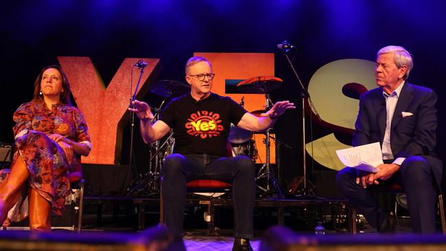 Prime Minister Anthony Albanese attends The West Says Yes event in Marrickville, with Yes Campaign co-chair Rachel Perkins and journalist Ray Martin. Picture: Max Mason-Hubers