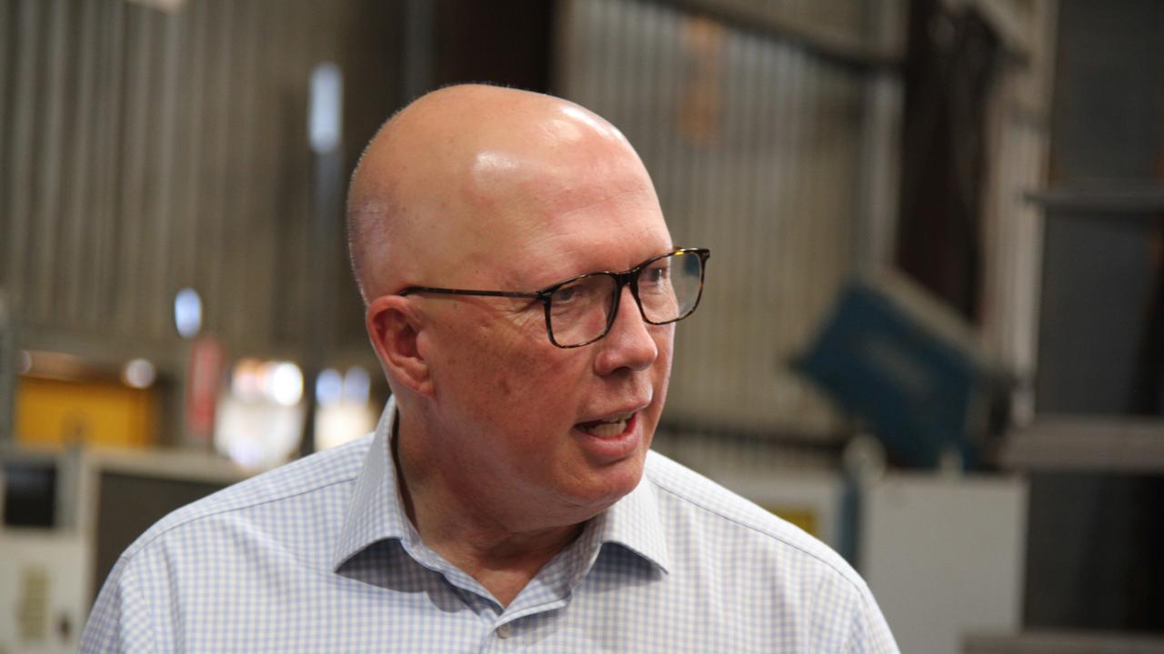 Federal Opposition leader Peter Dutton at the Ross Engineering and Hardy Fence factory in Alice Springs. Picture: Gera Kazakov