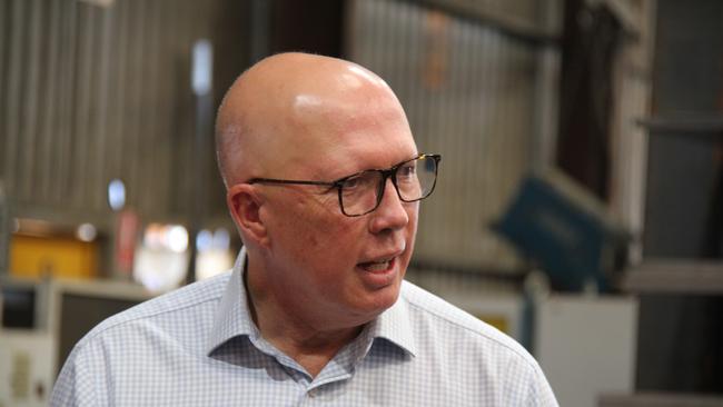 Federal Opposition leader Peter Dutton at the Ross Engineering and Hardy Fence factory in Alice Springs. Picture: Gera Kazakov