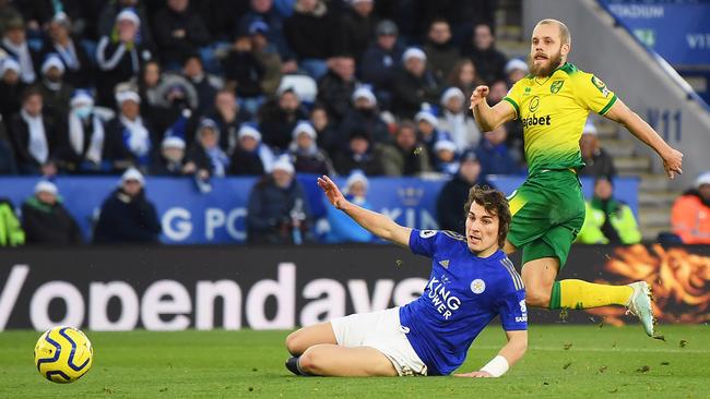 Teemu Pukki scores for Norwich City against Leicester at The King Power Stadium. Picture: Getty Images