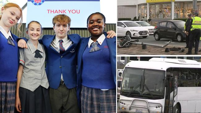 The courageous efforts of students Ella Murdoch, Courtney Bond, Daniel Knight and Emma Kuveya from Aquinas College, who were on a bus when the driver suffered a medical episode, were acknowledged at a special school assembly. QAS paramedics, Aquinas College Principal Marcus Richardson and a member of the police Forensic Crash Unit were also there. Picture Glenn Hampson