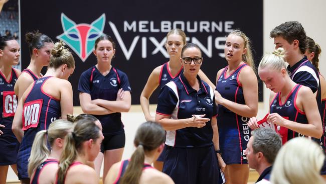 Charli Hoey (fourth from left) watches on the Geelong Cougars' under 23 side in VNL round 1. Picture: Grant Treeby/NV