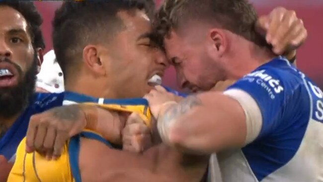 Aaron Schoupp could come under fire after appearing to lead with the head in the scuffle. Picture: Fox League.