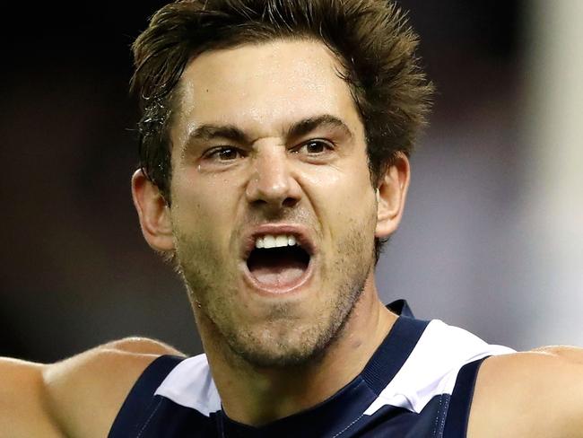 MELBOURNE, AUSTRALIA - APRIL 08: Daniel Menzel of the Cats celebrates a goal during the 2017 AFL round 03 match between the Geelong Cats and the Melbourne Demons at Etihad Stadium on April 08, 2017 in Melbourne, Australia. (Photo by Adam Trafford/AFL Media/Getty Images)