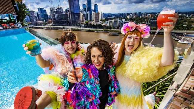 Six artist collectives take to the sky to takeover six iconic Brisbane rooftops. Party host Patience Hodgson (left), artistic Director Louise Bezzina and artistic collaborator Rachel Burke pictured at Emporium's 'The Terrace' in South Bank. Picture: Nigel Hallett