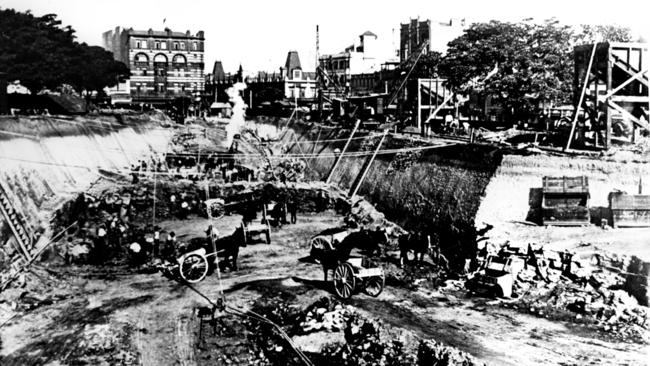 Undated photo of construction workers using horse and cart during excavation of Museum station in Sydney. Picture: Supplied