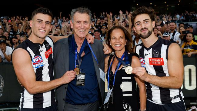 Nick Daicos and Josh Daicos pose for a photo with parents Peter and Colleen Daicos after the 2023 AFL Grand Final. Picture: Dylan Burns/AFL Photos via Getty Images.