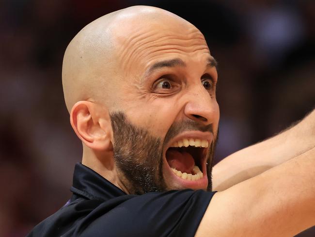 SYDNEY, AUSTRALIA - DECEMBER 25: Mahmoud Abdelfattah, Head Coach of the Kings, reacts during the round 12 NBL match between Sydney Kings and Illawarra Hawks at Qudos Bank Arena, on December 25, 2023, in Sydney, Australia. (Photo by Mark Evans/Getty Images)