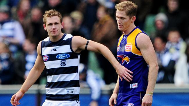 2011 Preliminary Final. Geelong v West Coast Eagles. MCG. Joel Selwood gives brother Adam a pat after the siren sounds