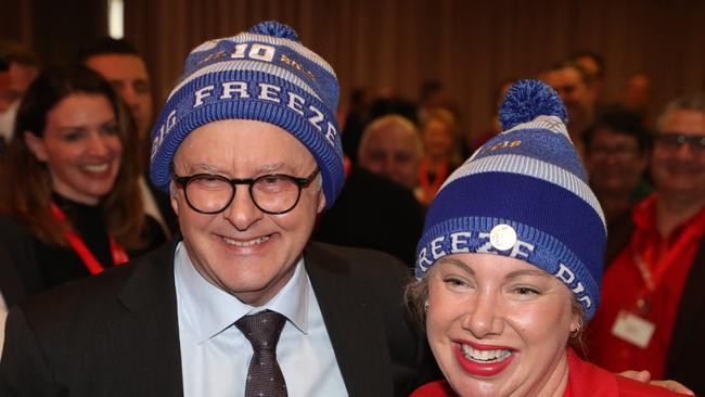 Albanese with Victorian Labor MP Emma Vulin who has motor neurone disease, at the Victorian Labor Party conference. Picture: NewsWire/ David Crosling