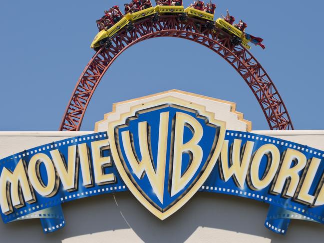 **FILE** A Oct. 28, 2013 file photo of the sign at  Warner Brothers Movie World theme park on the Gold Coast. About a dozen thrill-seekers are stuck on a Movie World roller coaster after carriages got stuck at the top of the towering ride Arkham Asylum ride, Wednesday, Jan. 11, 2017. (AAP Image/Dave Hunt) NO ARCHIVING