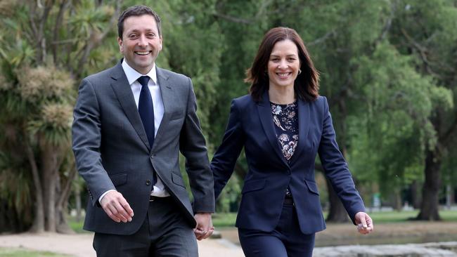 Victorian Liberal leader Matthew Guy and his wife, Renae, at Lake Wendouree in Ballarat yesterday. Picture: David Geraghty