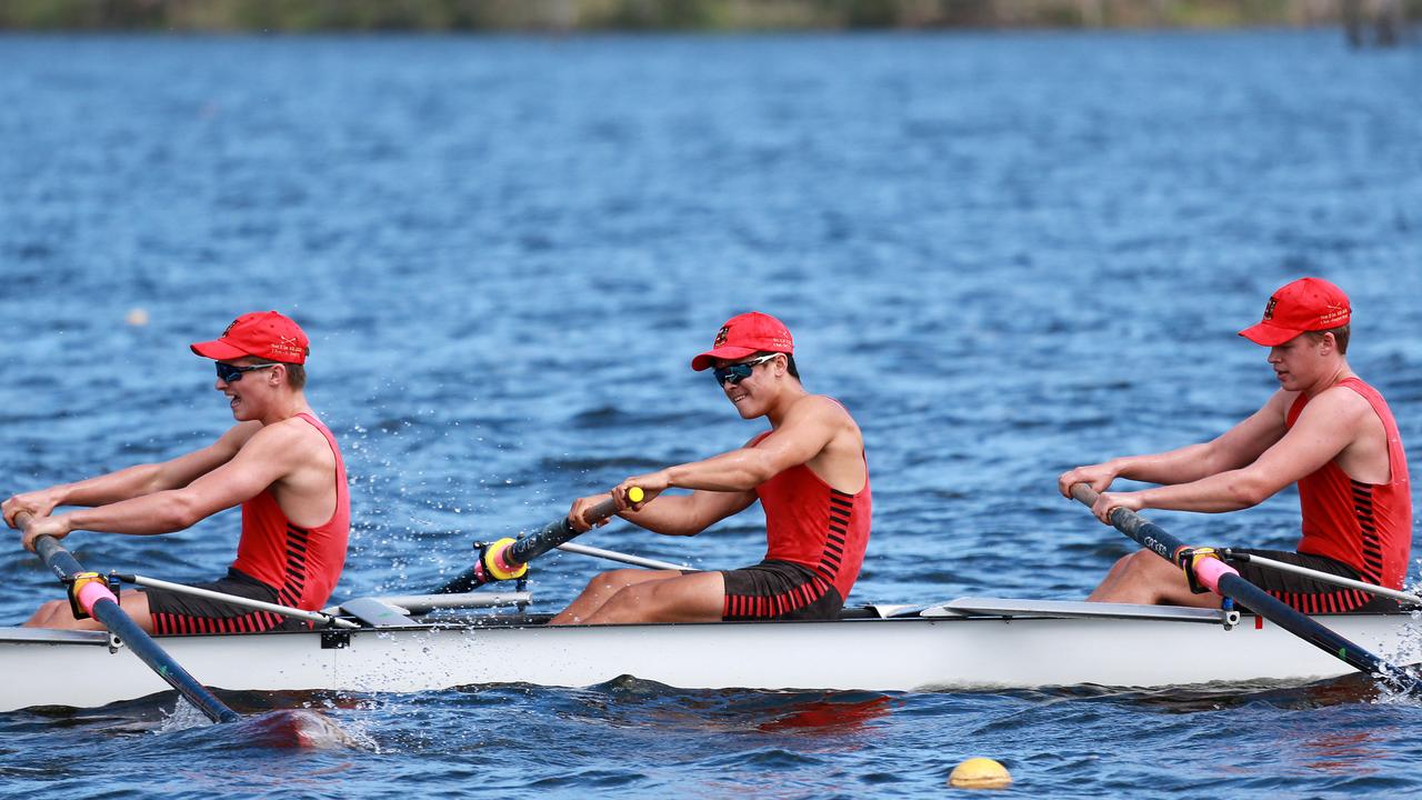 Gregory Terrace rowers (from left) Campbell Wright, Samuel King Koi and Edward Dowling at the GPS Head of the River, Lake Wyaralong. Picture: Sarah Marshall/AAP