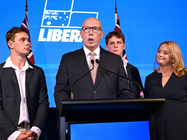 BRISBANE, AUSTRALIA - MAY 03: Opposition Leader Peter Dutton concedes defeat alongside wife Kirilly and their children Harry and Tom during a Liberal Party election night event at W Hotel on May 03, 2025 in Brisbane, Australia. Anthony Albanese and the Labor Party secure a second term as Australians rejected Peter Dutton's pitch for a conservative shift amid persistent cost-of-living and housing concerns. Dutton's defeat marks a setback for the Liberal-National coalition, reflecting shifting voter preferences. (Photo by Dan Peled/Getty Images)