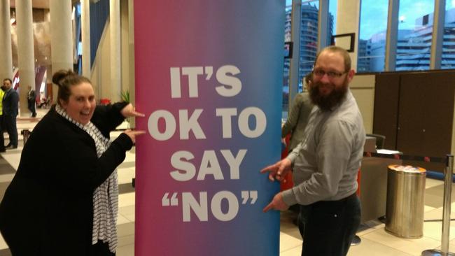 Lee Marchant with an 'Its okay to say no' sign.