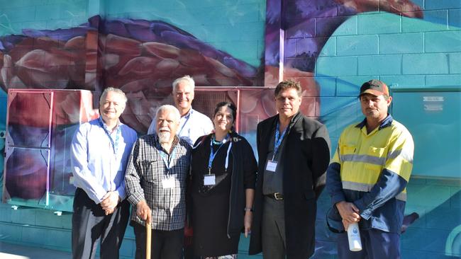 Bodies like Unitywater have worked with representatives of the Indigenous people. Pictured then: CEO George Theo, Uncle Noel Blair of the Jinibara people, Unitywater Executive Manager Customer Delivery Rob Dowling, Kabi Kabi artist Bianca Beetson, and Brian Warner and Kerry Jones of the Kabi Kabi community.