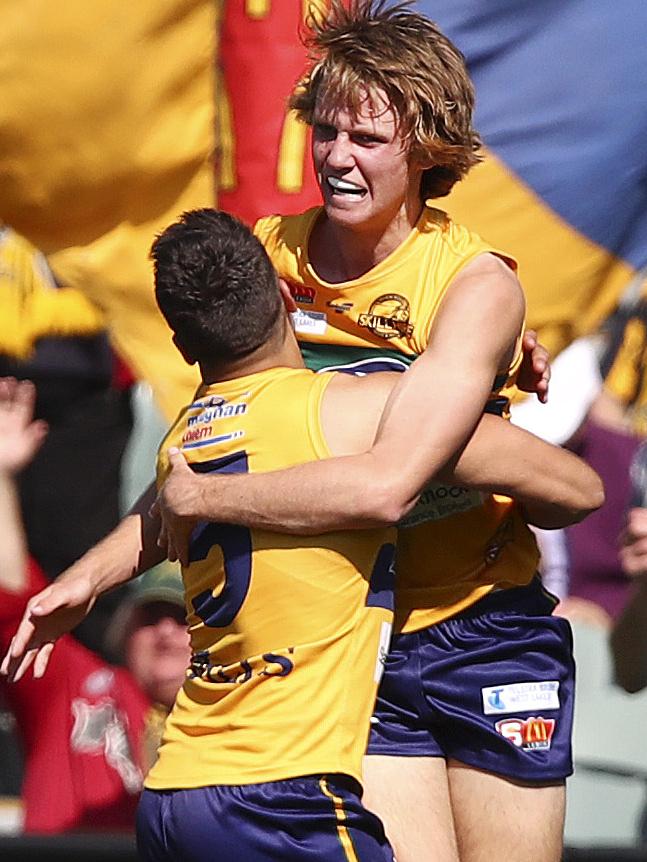 Eagles’ Jack Lukosius celebrates one of his goals with Jared Petrenko. Picture: SARAH REED