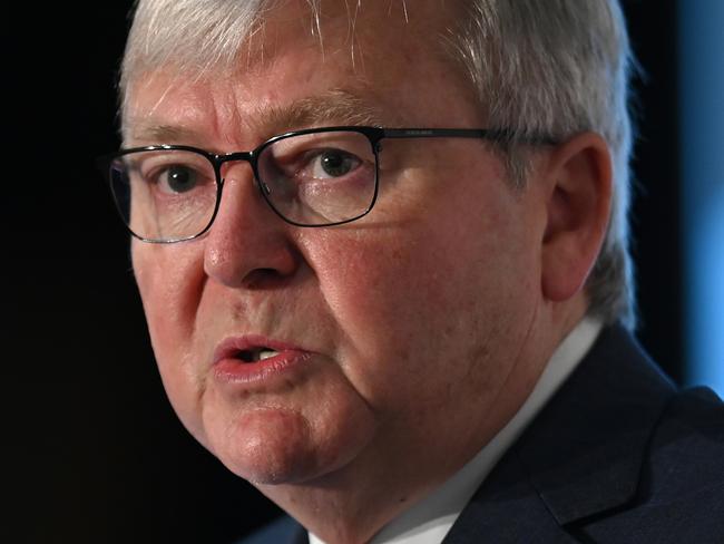 Former Australian prime minister Kevin Rudd is seen addressing attendees during CEDA's 2020 Economic and Political Overview (EPO) in Sydney, Wednesday, February 12, 2020. (AAP Image/Joel Carrett) NO ARCHIVING