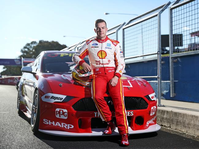 Supercars Driver Scott McLaughlin with his Shell V-Power Ford Mustang, in Pit Lane at Mount Panorama ahead of this weekend’s Bathurst 1000. Picture: Tim Hunter.