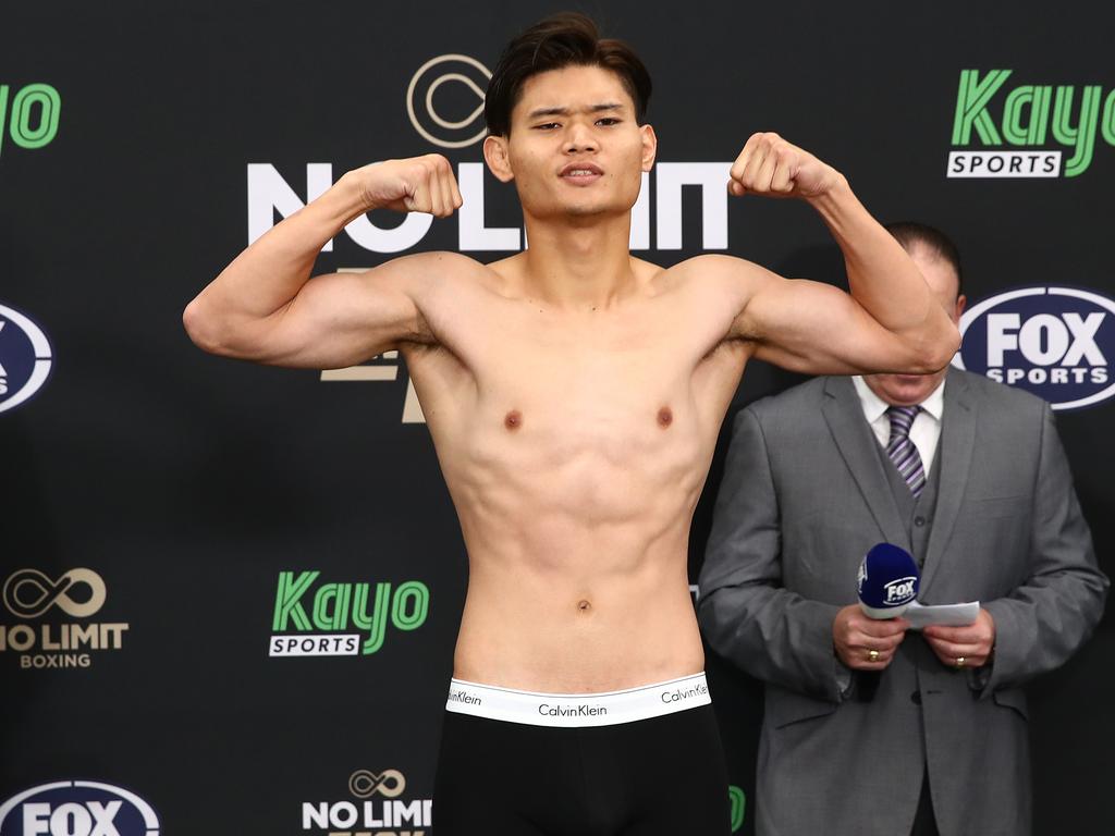 Kazuki Kyohara during the Issac Hardman vs Kazuki Kyohara weigh in at the Heffron Centre, Sydney. Photo: No Limit Boxing / Brett Costello