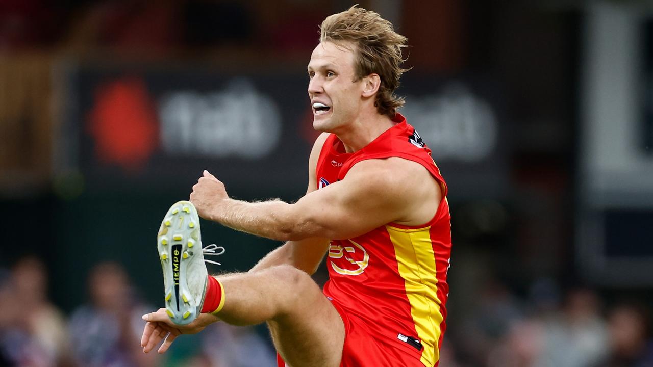 Jack Lukosius belts one from 60 metres out. (Photo by Michael Willson/AFL Photos via Getty Images)