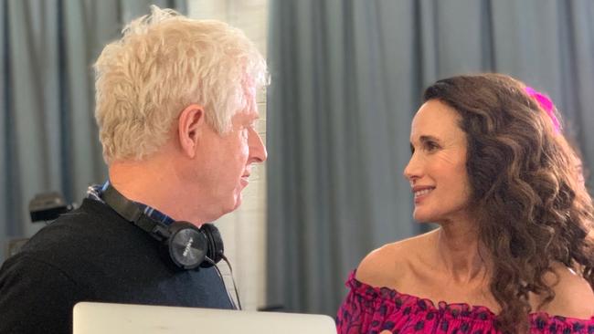 Richard Curtis and Andie MacDowell behind the scenes of the Four Weddings and a Funeral sequel. Picture: Twitter