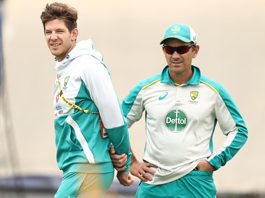 Tim Paine and Justin Langer during an Australian team net sessions last year in Sydney. Paine suffered a stunning downfall as Australian Test captain, while Langer’s future as coach remains unclear despite his success. Picture: Ryan Pierse/Getty Images