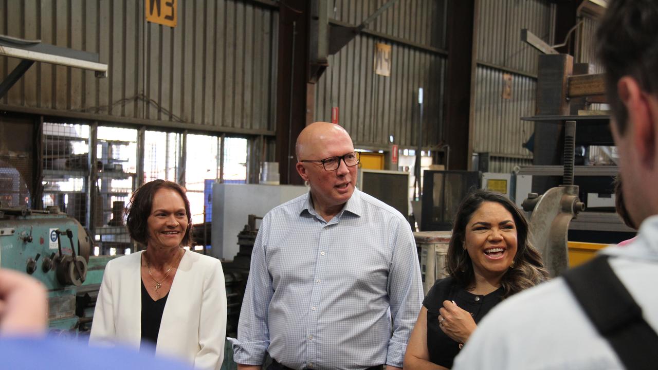 CLP Lingiari Candidate Lisa Seibert, Federal Opposition leader Peter Dutton and Shadow Indigenous Australians Minister Jacinta Nampijinpa PricePicture: Gera Kazakov