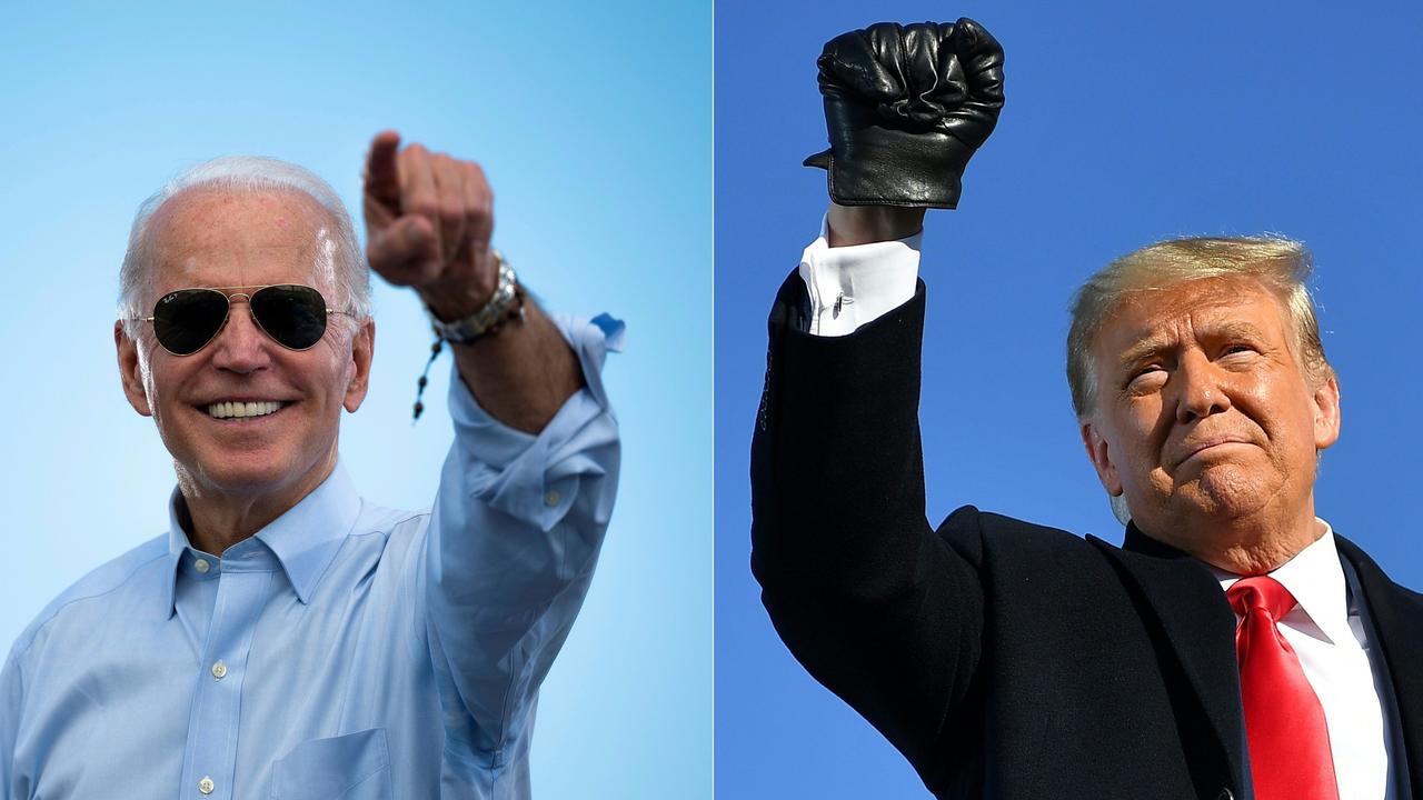 This combination of pictures shows Democratic presidential candidate and former US Vice President Joe Biden at a drive-in event in Coconut Creek, Florida, on October 29, 2020 and US President Donald Trump at a campaign rally at Green Bay, Wisconsin on October 30, 2020. Picture: AFP