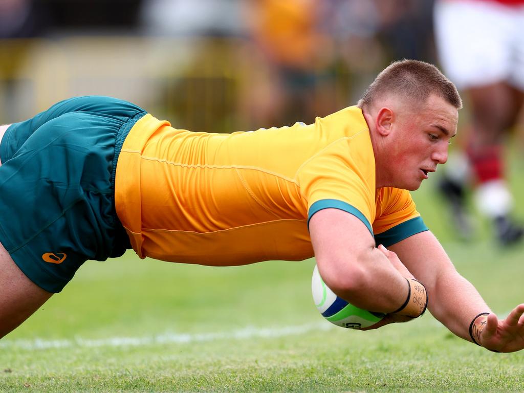 Kingsley Uys of Australia U18 scores a try. (Photo by Phil Walter/Getty Images for Rugby Australia)