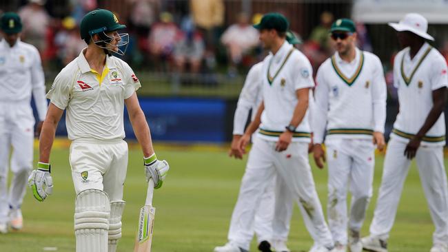 Cameron Bancroft trudges off the field after being dismissed by Vernon Philander. Picture: AFP