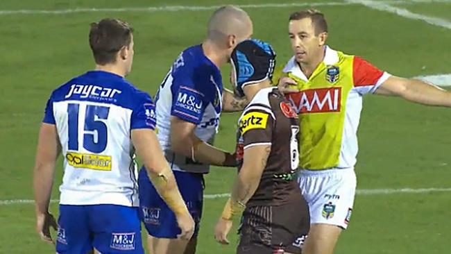 Bulldogs forward David Klemmer has been charged over making contact with referee Ben Cummins in his side’s clash with Penrith Panthers last Thursday night. Picture: AAP Image/nrl.com, Nine Network