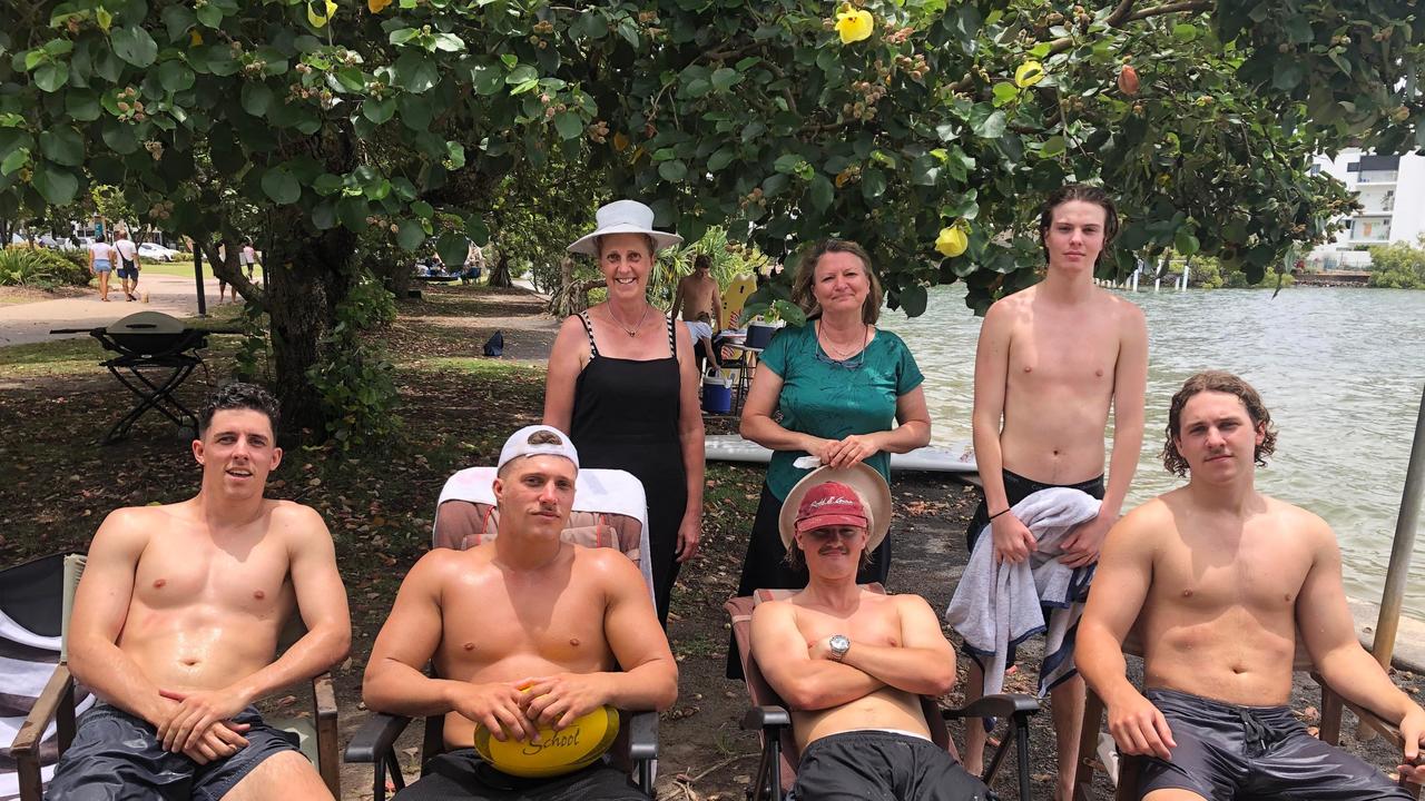 Tom, Ollie, Mitch and Sally Lehmann (back left) enjoy Christmas celebrations with Dylan (second right), Di (back middle) and Mitch Ebsworth (back right) at Cotton Tree Park. Picture: Laura Pettigrew.