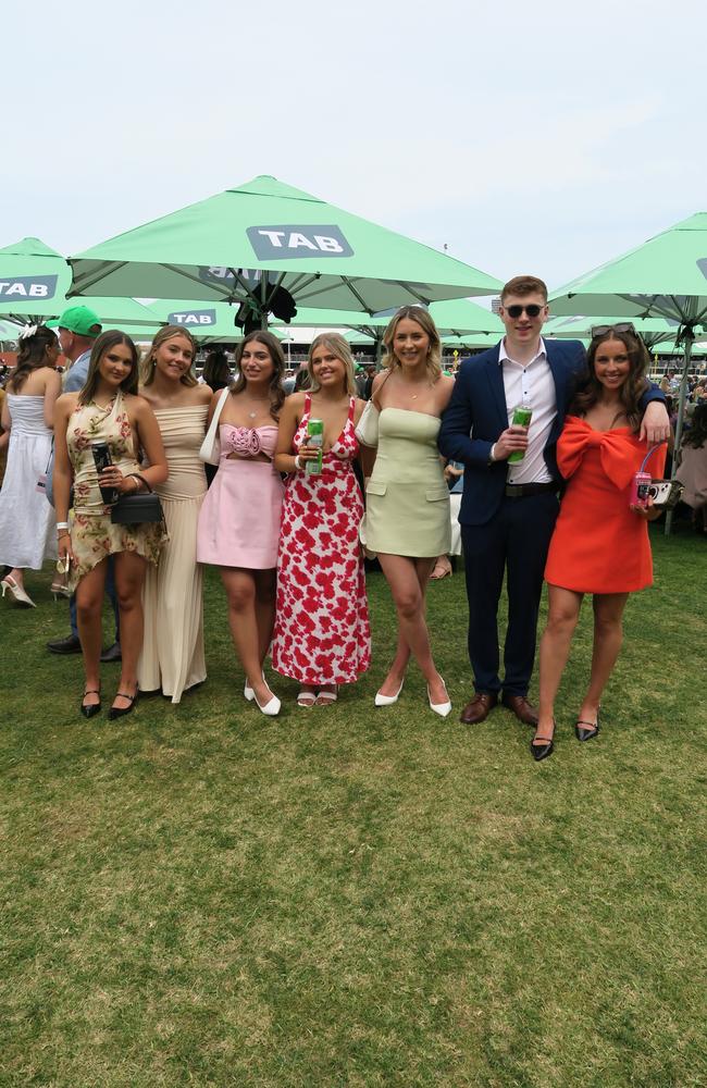 Jemma, Sally, Pippa, Jaime, Dan, Maddy and Tara at Seppelt Wines Stakes Day 2024 at Flemington Racecourse. Picture: Gemma Scerri