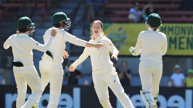 Amanda-Jade Wellington celebrates a wicket during her debut Test for Australia in 2017. Picture: Mark Evans