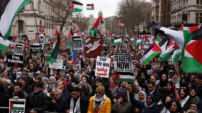 Protestors gather during the ‘Ceasefire Now Stop The Genocide In Gaza’ demonstration in London. Picture: Dan Kitwood/Getty Images