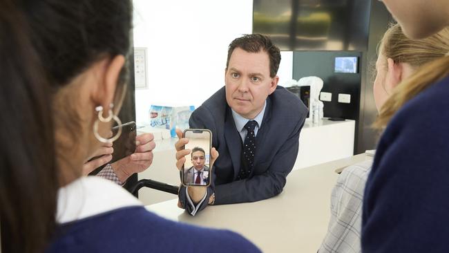 The Advertiser’s investigations editor Andrew Hough assists Pembroke students to interview Education Minister Blair Boyer on Wednesday. Picture: Matt Loxton