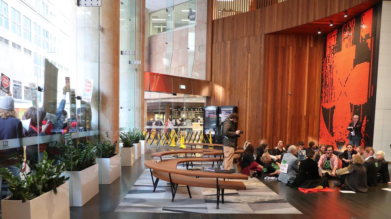 Protesters have moved into the foyer of the Adani office at 133 Castlereagh street, Sydney. Picture: John Grainger