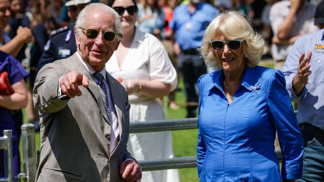 King Charles III and Queen Camilla view a sheep dog demonstration in Sydney on Tuesday. Picture: AFP