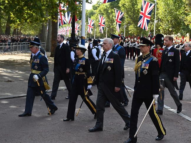 Prince William and Prince Harry walk behind Prince Charles, Princess Anne, Prince Andrew and Prince Edward. Picture: AFP