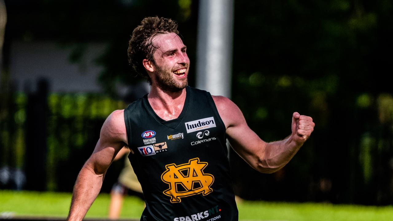 Dylan Landt celebrates a goal for St Mary's in the 2022-23 NTFL semi-final against Nightcliff. Picture: Patch Clapp / AFLNT Media