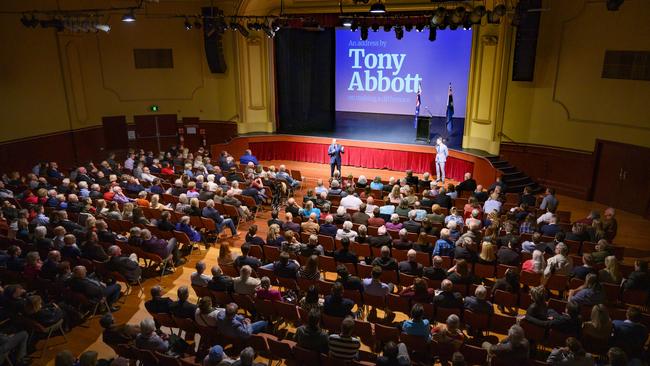 More than 500 Liberal supporters and members watch former prime minister Tony Abbott speak at the Norwood Concert Hall on Thursday night.