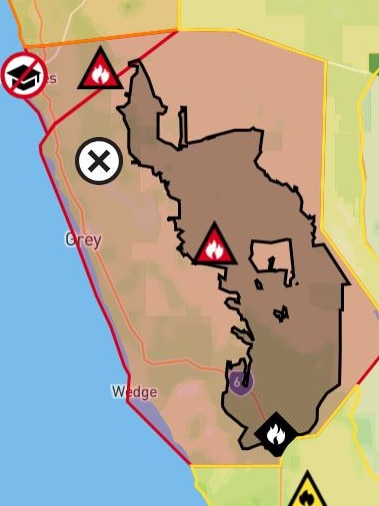 Firefighters have urged people to leave now for a safer place, but residents in Wedge Island, Grey and Cooljarloo have been told it is ‘too late to leave’. Picture: Supplied / Emergency WA