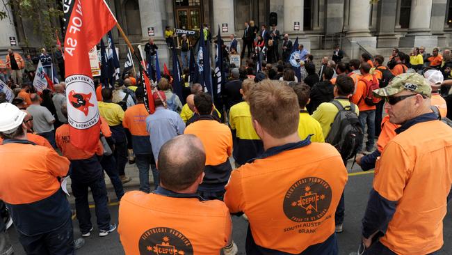 Workers rally over death of new RAH construction worker Jorge Castillo-Riffo on the steps of Parliament House. Picture: Greg Higgs