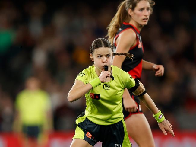 Emma Stark became the youngest person to officiate an elite football match. Picture: Michael Wilson/AFL Photos.