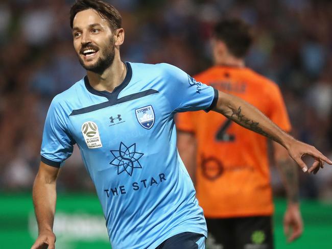 Milos Ninkovic of Sydney FC celebrates scoring a goal during the Round 9 A-League match between Sydney FC and Brisbane Roar at Netstrata Jubilee Stadium in Sydney, Saturday, December 7, 2019. (AAP Image/Jeremy Ng) NO ARCHIVING, EDITORIAL USE ONLY