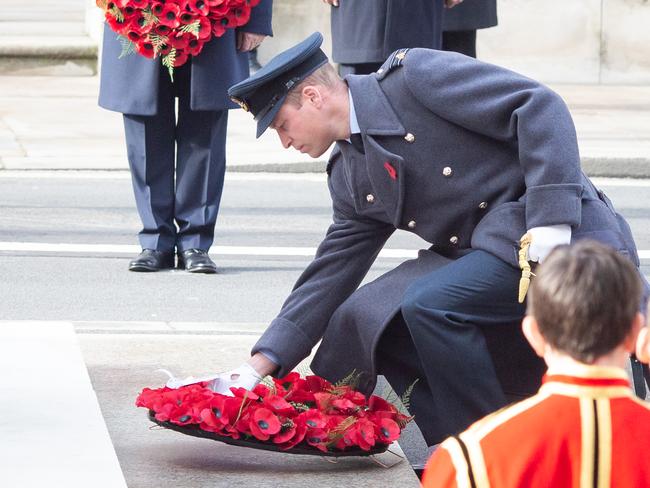 Prince William lays a wreath during a National Service of Remembrance in London. Prince Harry’s request to have a wreath laid on his behalf was reportedly denied. Picture: Getty Images