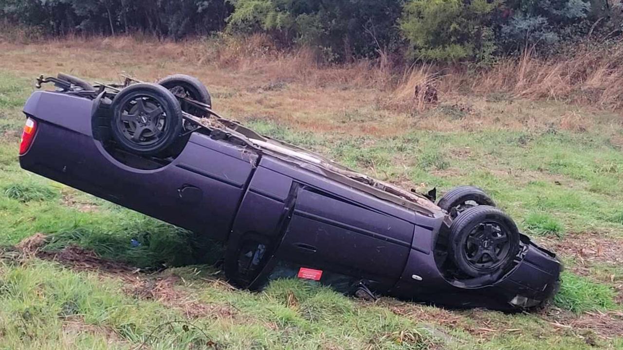 A car after a crash on the Huon Highway. Image: Tasmania Police.