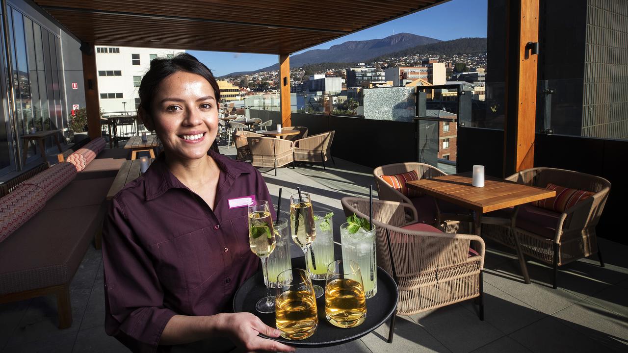 Food and Beverage attendant Leticia Montesinos on THE DECK of the Crowne Plaza Hotel at Hobart. Picture Chris Kidd