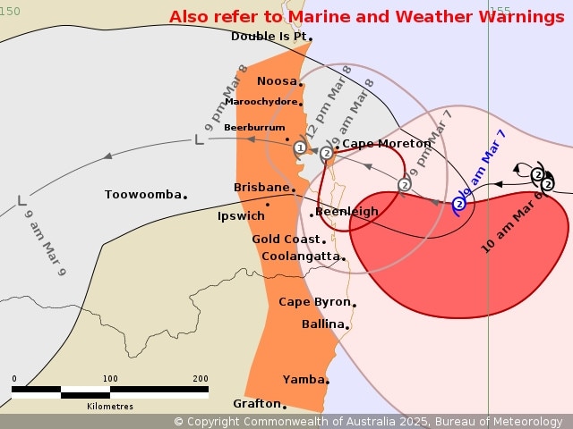 Tropical Cyclone Alfred is expected to weaken to a category 1 system after hitting Moreton Island. Picture: Bureau of Meteorology